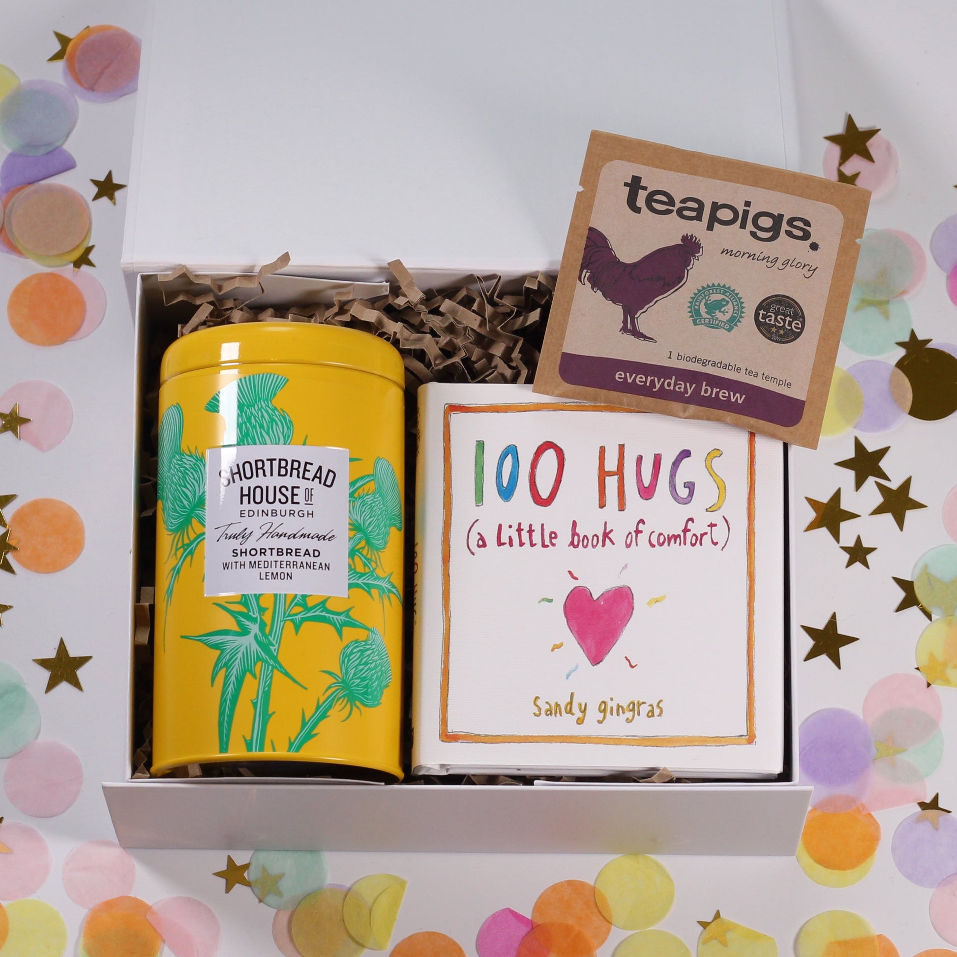 Gift box with lemon shortbread, 100 hugs book and tea.