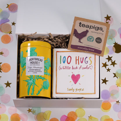 Gift box with lemon shortbread, 100 hugs book and tea.