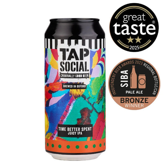 Colorful beer can with 'Tap Social' branding and awards on a white background
