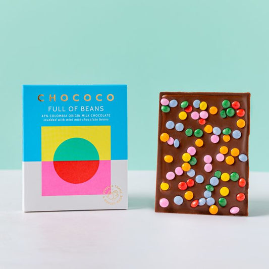 47% Colombia origin milk chocolate bars studded with mini milk chocolate beans- Full of Beans