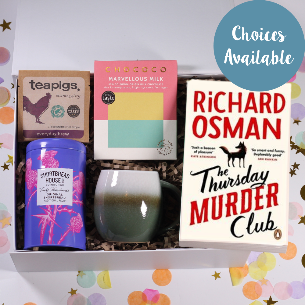 Gift box with 'teapigs' tea, 'Marvellous Milk' chocolate, shortbread biscuits, mug , and 'The Thursday Murder Club' book.