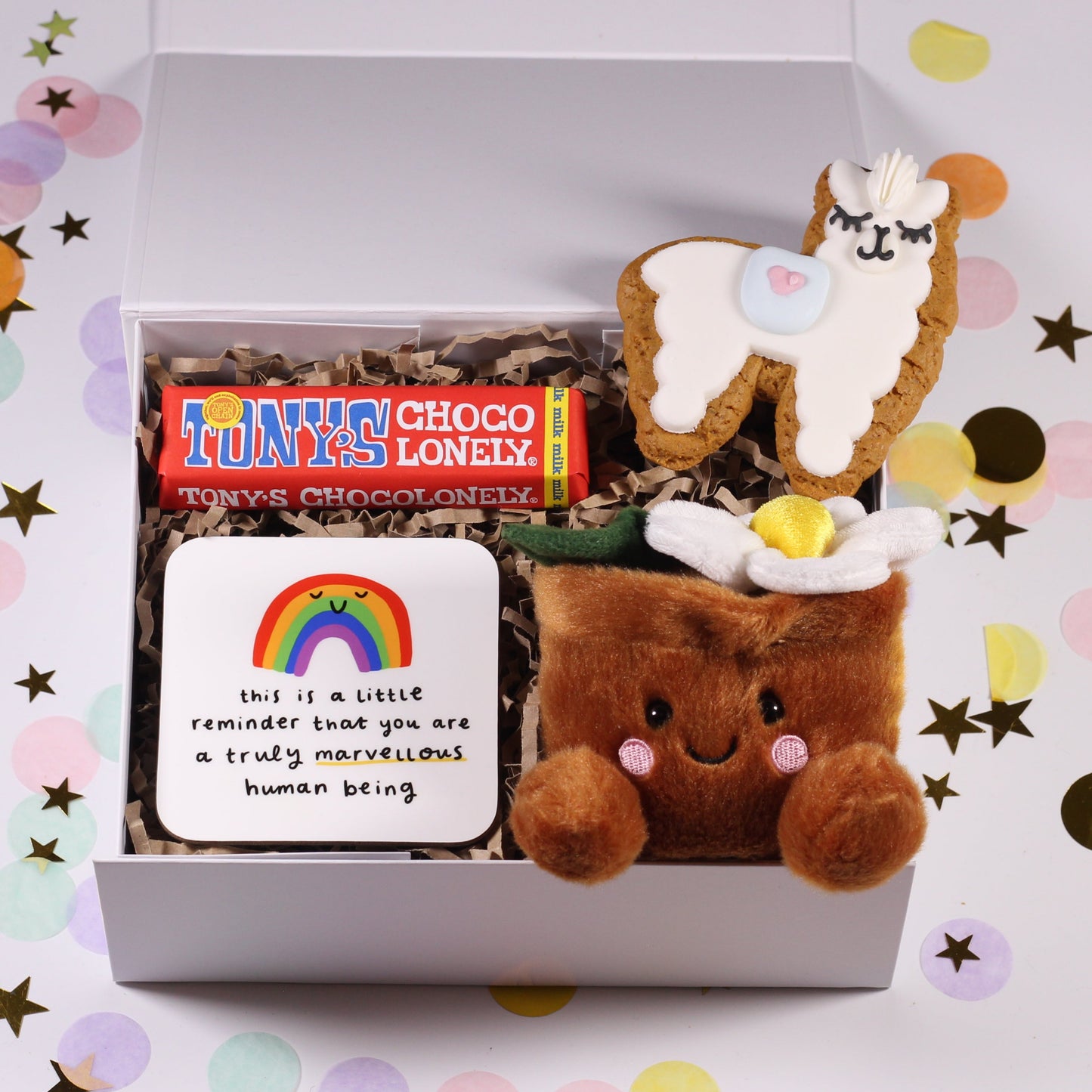 A white box with a tonys chocolate bar, a llama gingerbread biscuit, an uplifting coaster, and a plush plant palm pal.