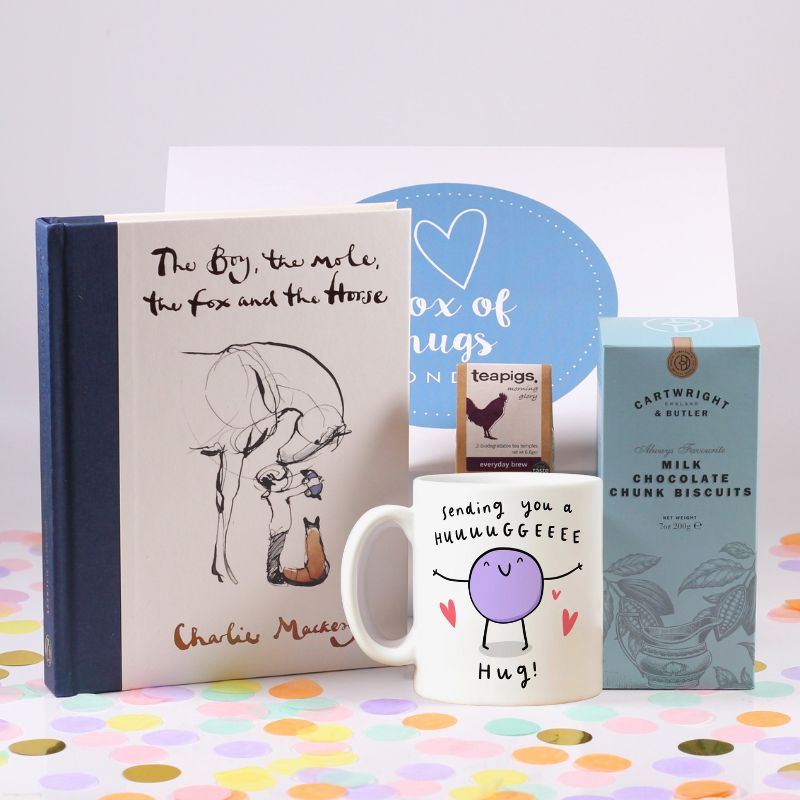 Gift Box with The boy the mole, the fox and the horse Book, hug mug, and box of chocolate chunk biscuits.