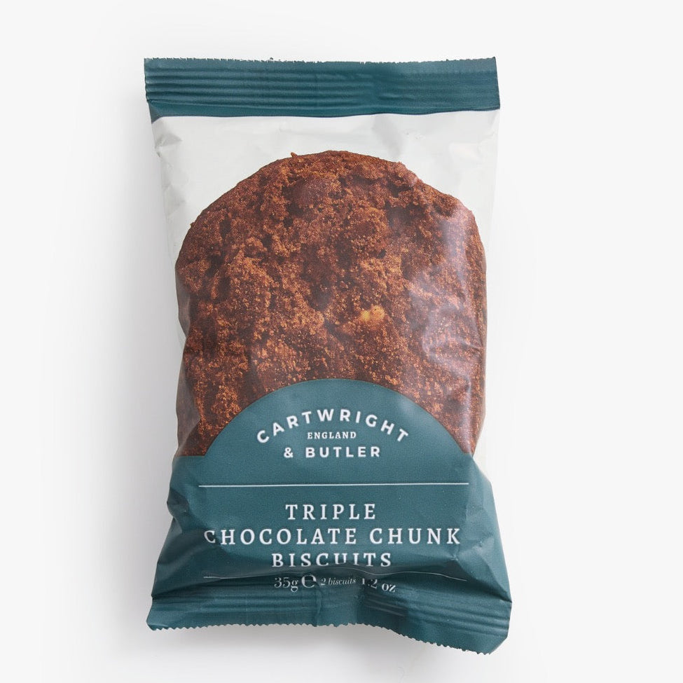 A single package of Cartwright England & Butler Triple Chocolate Chunk Biscuits on a clean white background.