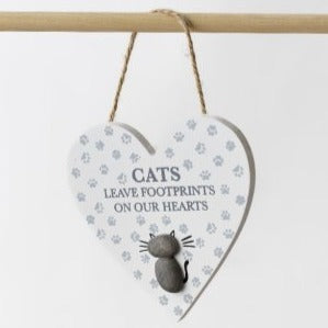'Cats Leave Footprints' Heart Pebble Hanging Sign - Pet Bereavement