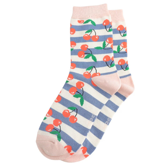 Miss Sparrow Cherries & Stripes Socks Denim- One Size (Size 4-7)