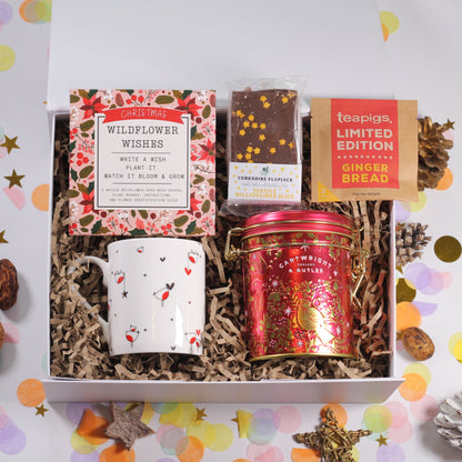 Christmas Gift box with a robin mug, Christmas tin of fudge, festive flapjack and wildflower wishes - write a wish and plant it and let it bloom.