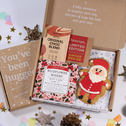 Christmas letterbox gift box with hot chocolate, Santa Claus gingerbread biscuit, tea and Christmas wildflower wishes - write a wish plant it and let it bloom.