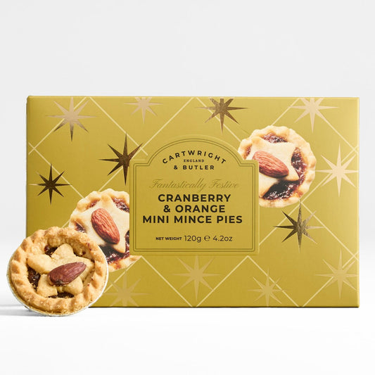 A box of Cartwright & Butler Cranberry & Orange Mini Mince Pies in a metallic gold package, with two mini pies displayed in front on a clean white background.
