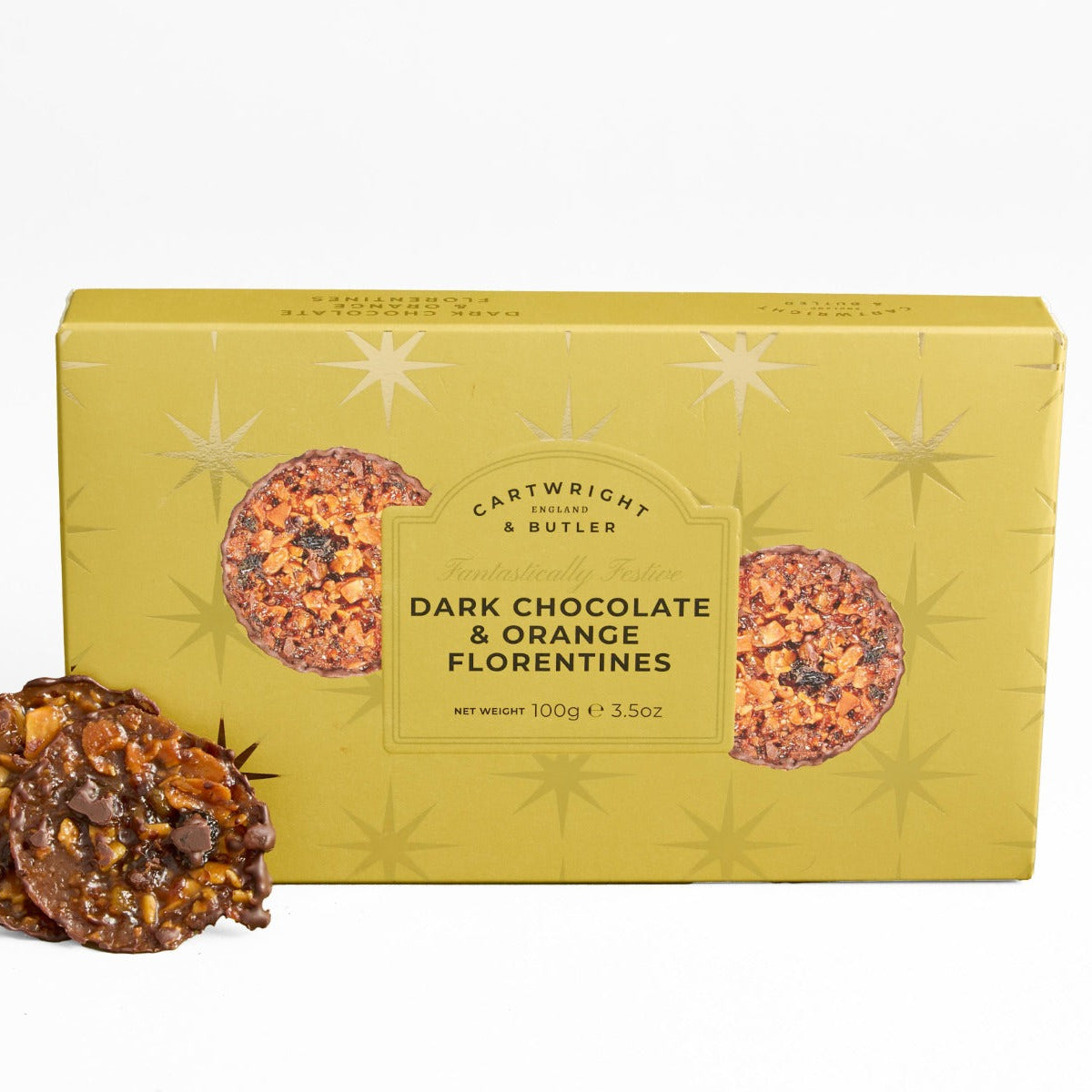 A box of Cartwright & Butles Dark Chocolate & Orange Florentines cookies, shown in a mustard yellow package with two cookies displayed in front on a white background.