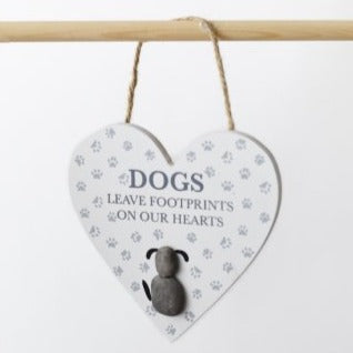 'Dogs Leave Footprints' Heart Pebble Hanging Sign - Pet Bereavement