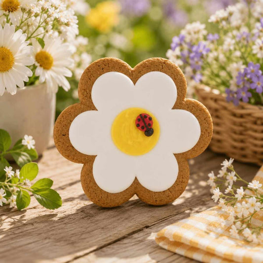 Iced 'Flower With Ladybird' Gingerbread Biscuit