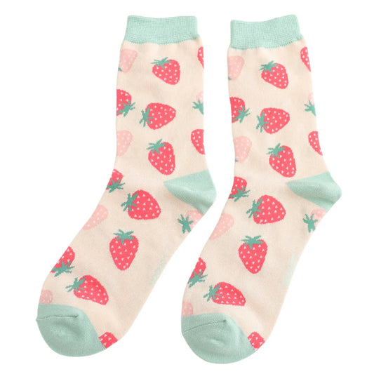 Miss Sparrow Little Strawberries Socks Cream- One Size (Size 4-7)