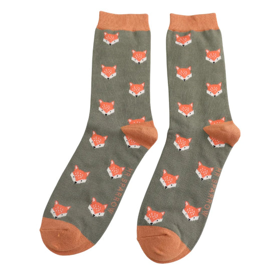 Men's Fox Faces Olive Socks- One Size (Size 7-11)