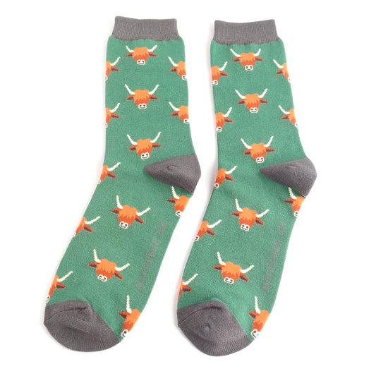 Men's Highland Cows Green Socks- One Size (Size 7-11)