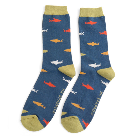 Men's Sharks in Navy Socks - One Size (Size 7-11)