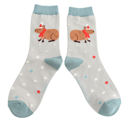 Miss Sparrow Christmas Capybara Socks Silver- One Size (Size 4-7)