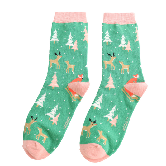 Miss Sparrow Festive Foxes Socks Green- One Size (Size 4-7)