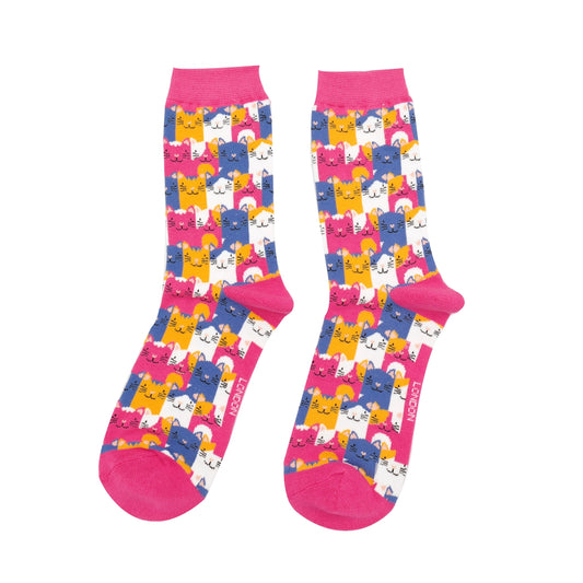 Miss Sparrow Happy Cats Socks Hot Pink - One Size (Size 4-7)
