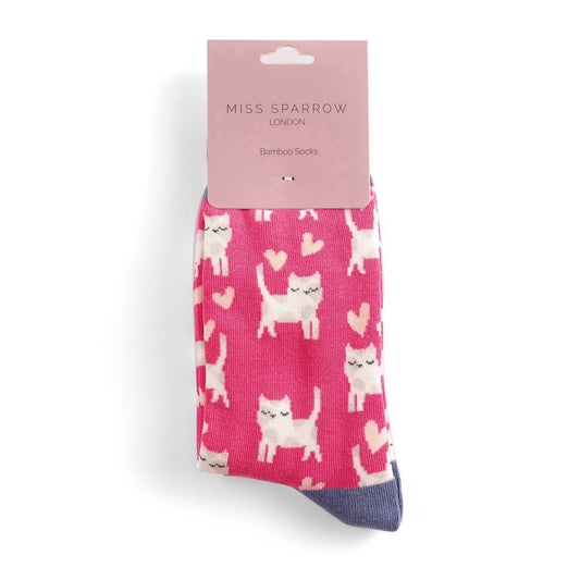 Miss Sparrow Sleepy Cats Socks Hot Pink - One Size (Size 4-7)