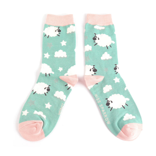 Miss Sparrow Sleepy Sheep Socks Duck Egg - One Size (Size 4-7)