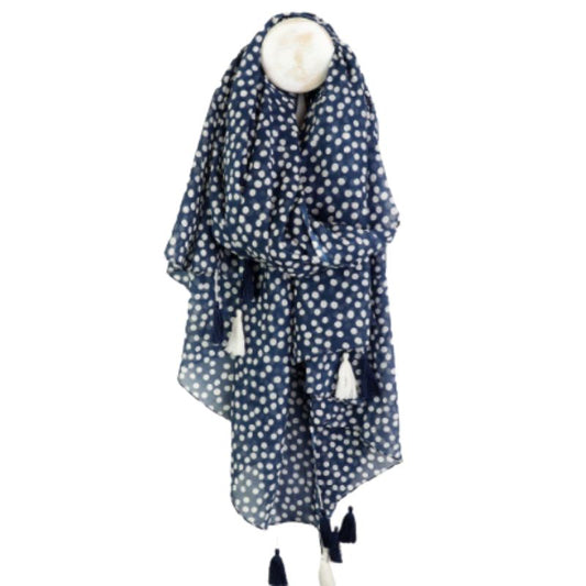 Navy with White Spots Tassel Scarf