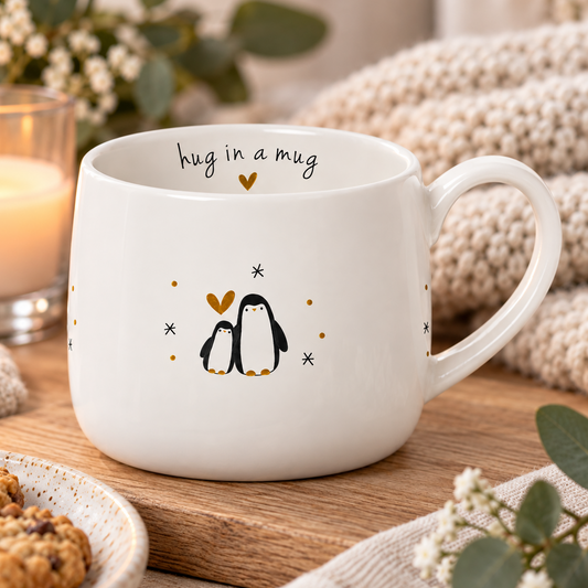 A white ceramic mug with a cute penguin illustration and the text 'hug in a mug' inside, styled on a wooden tray with a lit candle, cookies, and a cozy knit blanket in the background.
