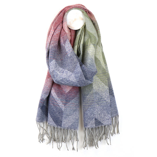 Pink and Blue Mix Chevron Weave Fringed Winter Scarf