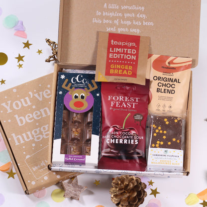 Letterbox Gift box with rudolph chocolate bar, chocolate coated cherries, festive flapjack and hot chocolate.