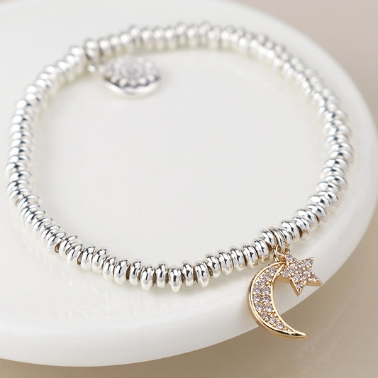 Silver Plated Crystal Crescent Moon And Star Bracelet