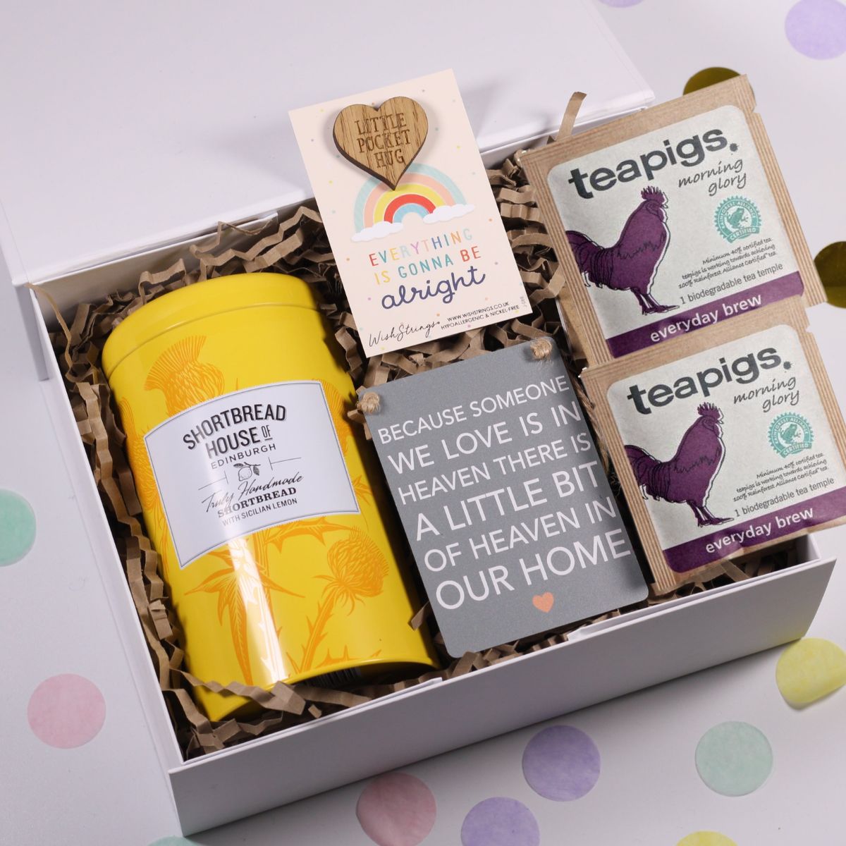 Box of Hugs gift set with lemon biscuits, everything will be alright wooden token, a small mental bereavement plaque and   teabags and in white magnetic close gift box.