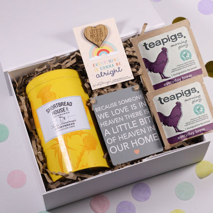 Box of Hugs gift set with lemon biscuits, everything will be alright wooden token, a small mental bereavement plaque and   teabags and in white magnetic close gift box.