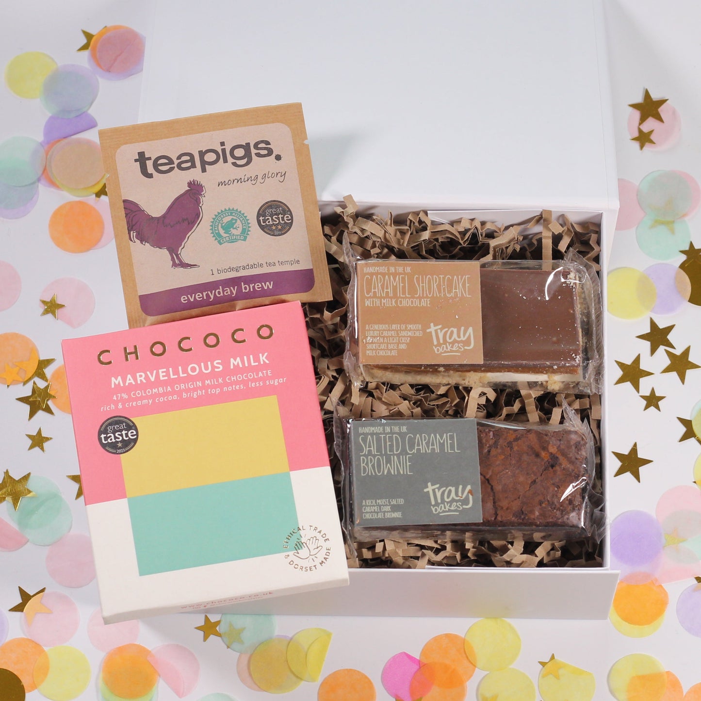 Mini gift box with teapigs tea, Chococo chocolate bars, and a caramel shortcake bar and Salted Caramel Brownie.