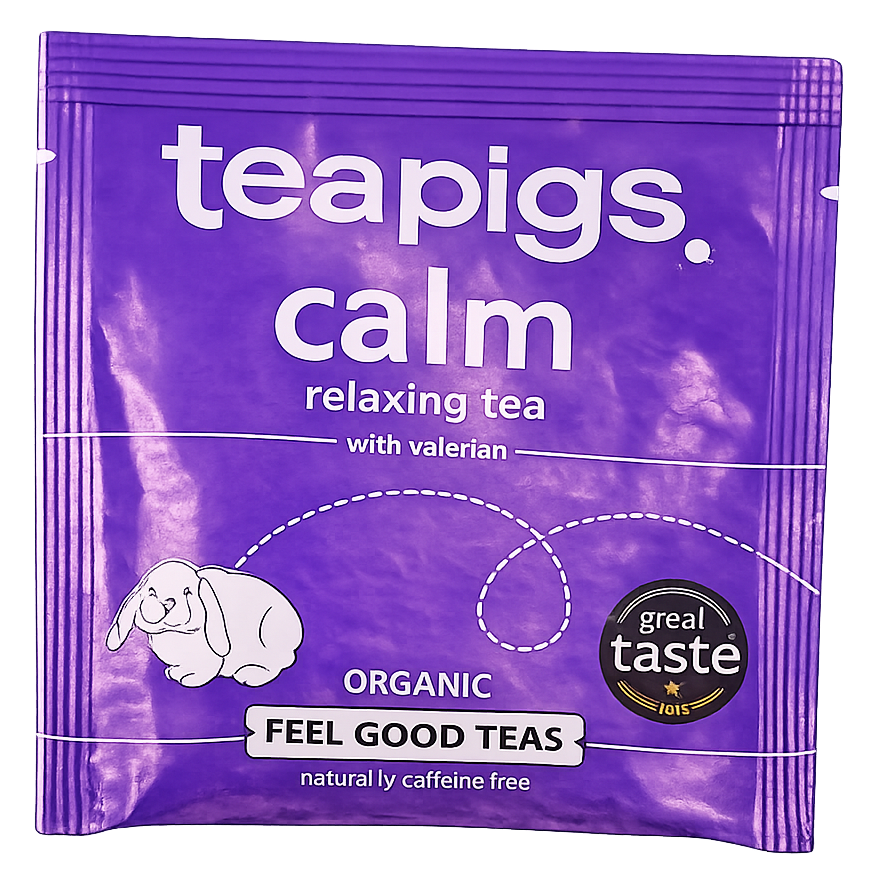 A purple resealable tea packet for Teapigs Calm Relaxing Tea with Valerian, featuring a white rabbit illustration and a 'great taste 2025' badge.