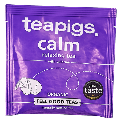 A purple resealable tea packet for Teapigs Calm Relaxing Tea with Valerian, featuring a white rabbit illustration and a 'great taste 2025' badge.