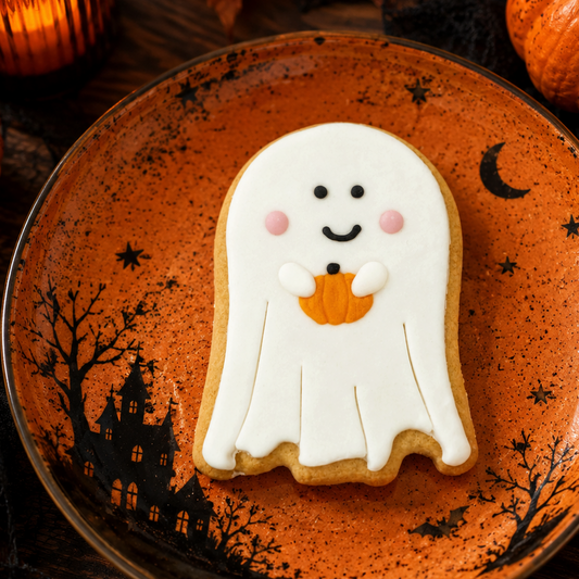 A Halloween-themed decorated cookie shaped like a smiling white ghost holding an orange pumpkin, placed on an orange plate with black spooky details, surrounded by pumpkins, leaves, and a candle.
