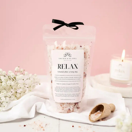 Relax Luxury Himalayan Bath Salts with Lavender, Jojoba Essential Oils with Lavender Seeds (Vegan Friendly)