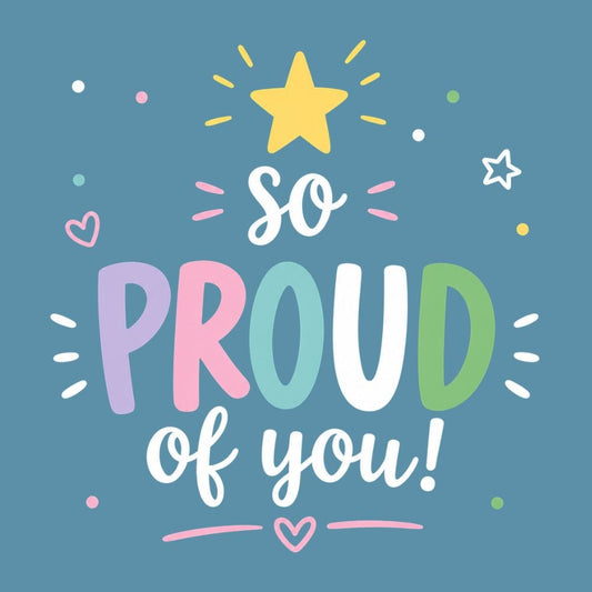 A blue graphic card with the phrase 'so PROUD of you!' in colorful lettering, decorated with small hearts, stars, and dotted lines. The 'box of hugs LONDON' logo and website are visible in the bottom-left corner.