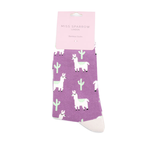 Miss Sparrow Llama & Cactus Dusky Purple Socks - One Size (Size 4-7)