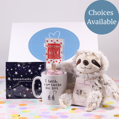 A gift box with a Warmies heatble plush toy, A collection of products including a plush toy, an I wish you lived next door mug, self heating eye spacemask, hot chocolate spoon with marshmallows.